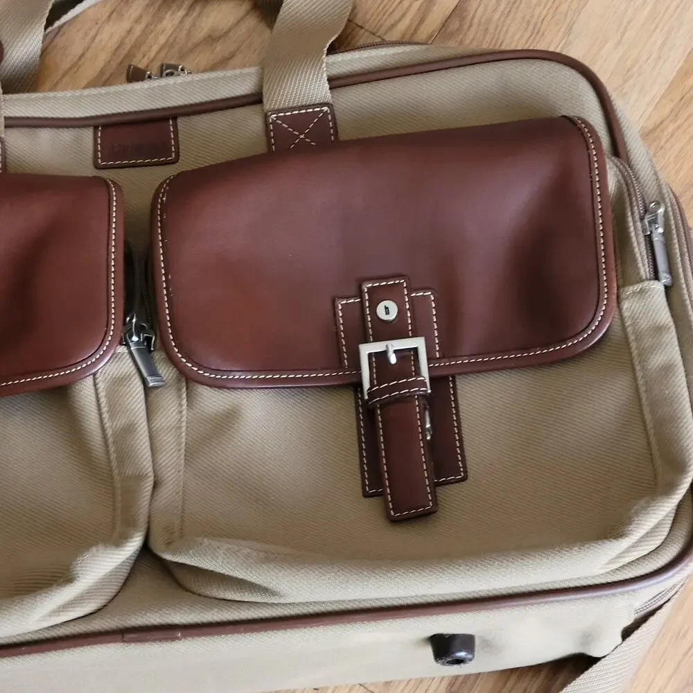 Vtg Hartmann Ziptop Canvas and Leather Briefcase Hudson Collection Tan and Brown